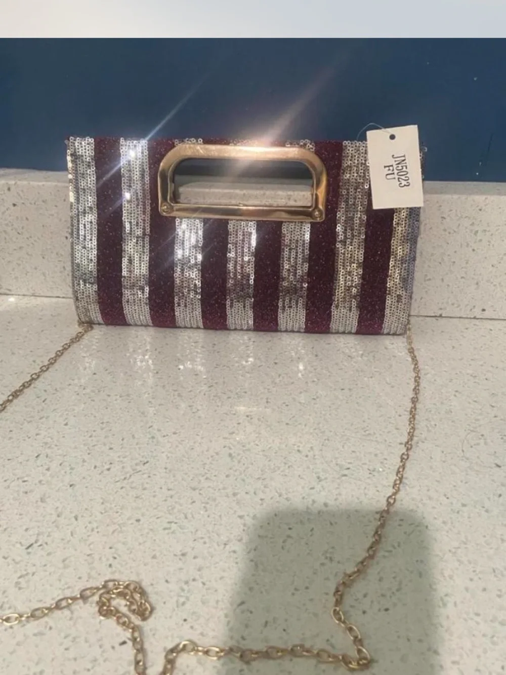 Striped Sequin Evening Clutch in Burgundy and Silver with Gold Handle